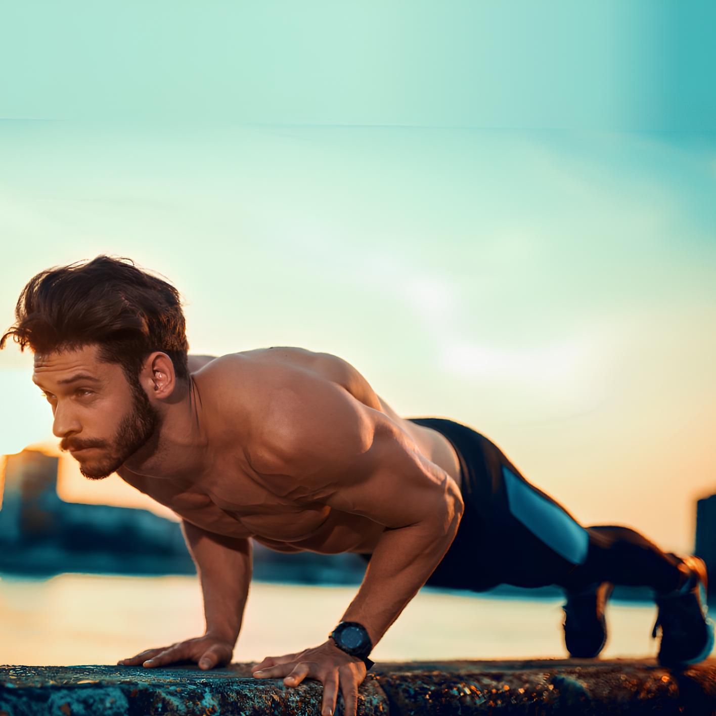 Man performing push-ups outdoors, displaying strength and endurance